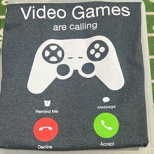 Video Games Are Calling Graphic Tee - Charcoal with White, Red & Green Print